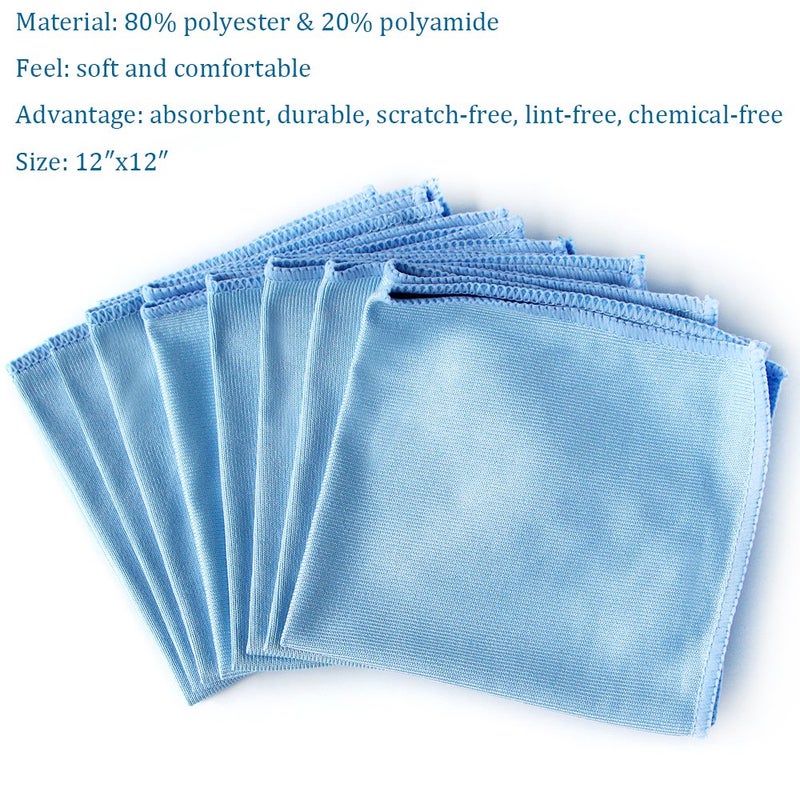 Auto Care Microfiber Glass Cleaning Cloths Towels for Windows Mirrors Windshield Computer Screen TV Tablets Dishes Camera Lenses Chemical Free Lint Free Scratch Free (12"x12", Blue, 8 Pack) - Image 2